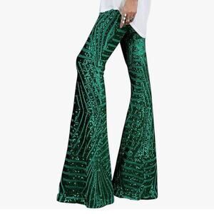 BLENCOT Women's Glitter Sequin High Waist Bell Bottoms Flared Pants Green XL
